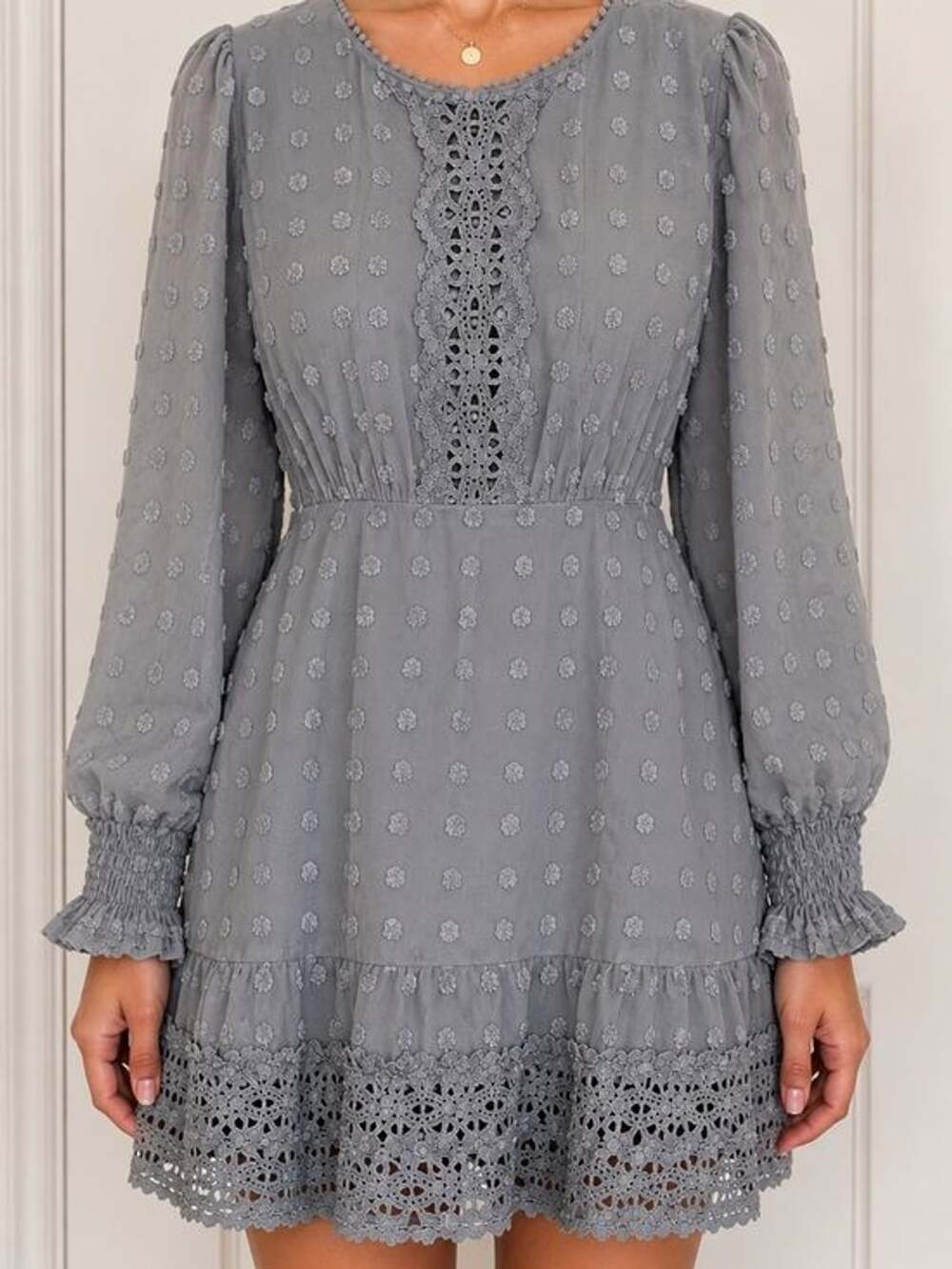 NWT Petal + Pup Grey Swiss Dot Lace Trim Long Sleeve Mini Dress Small